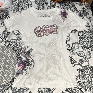 Sinful White Tee with Purple and Gray Design